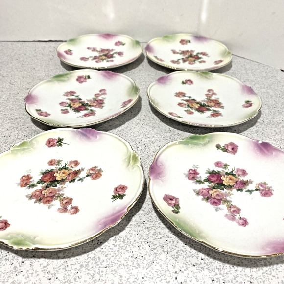 Art Nouveau Germany dessert bread plates set of 6 pink & yellow flowers romantic - Picture 5 of 9